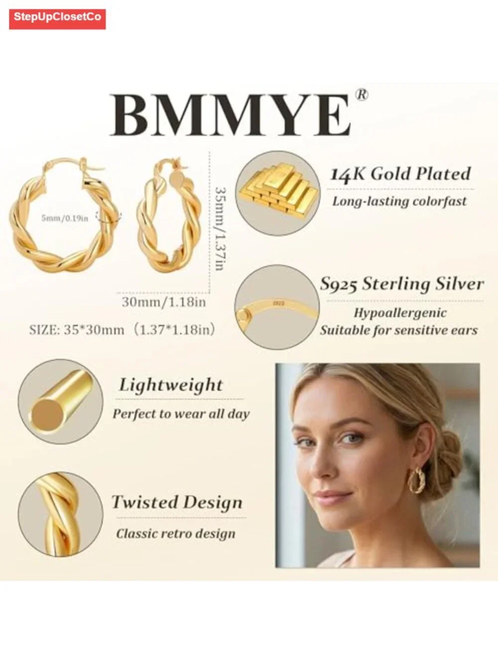 Chunky Twisted Gold Plated Hoop Earrings Hypoallergenic Vintage 18k Gold Finish